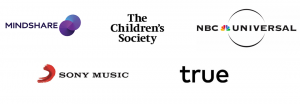 Logos od Mindshare, The children's society, NBC universal, Sony Music, and true platform
